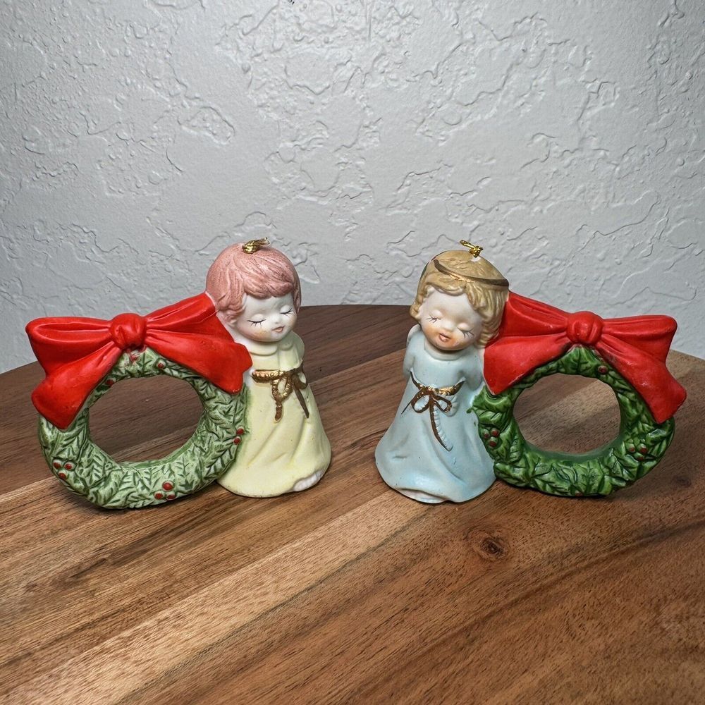 Vintage 70's Jasco Little Chimers Christmas Bell Napkin Rings 2 Angel Wreathes
